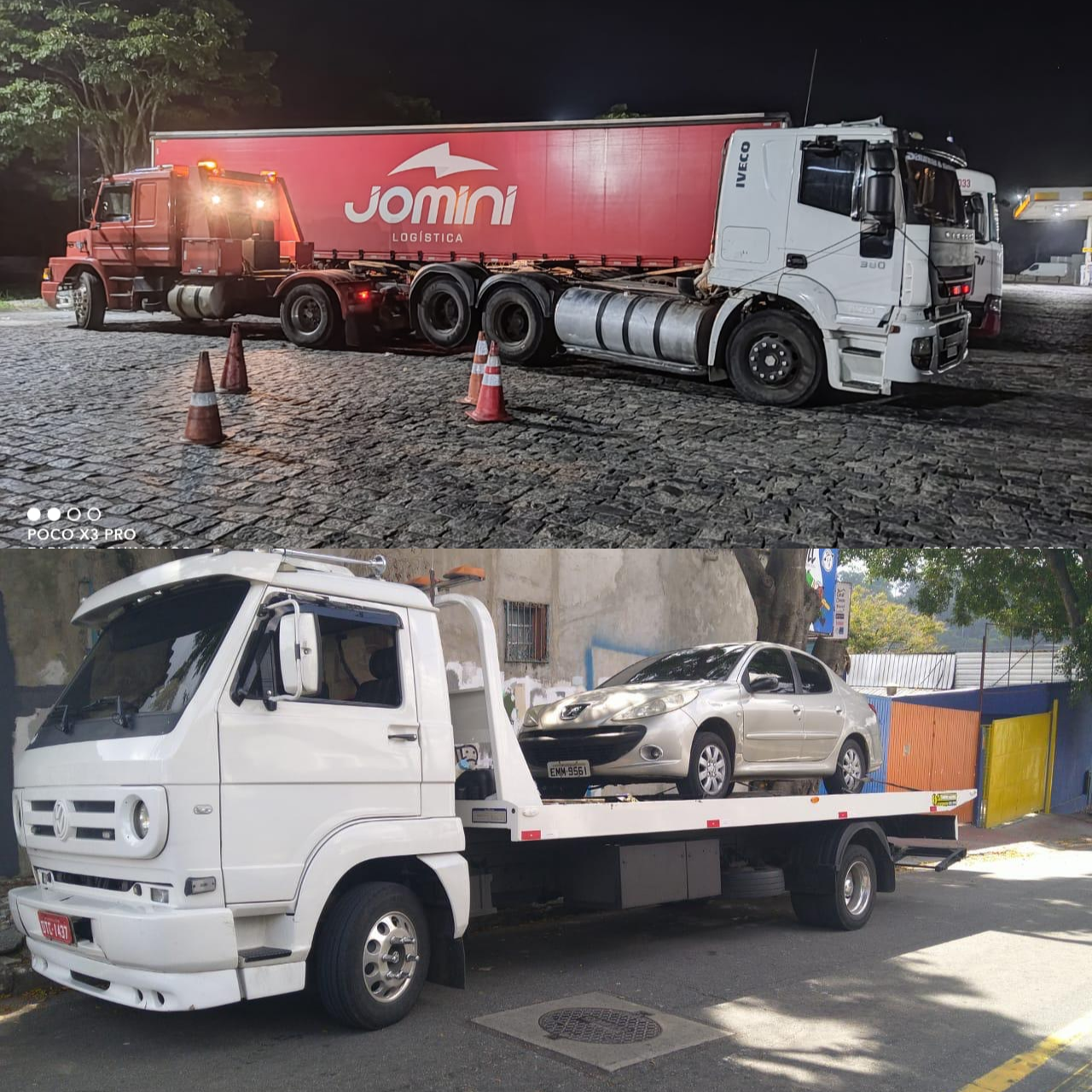 Caminhão-fazendo-serviço-de-reboque-carro-peugeot-e-caminhão-lança