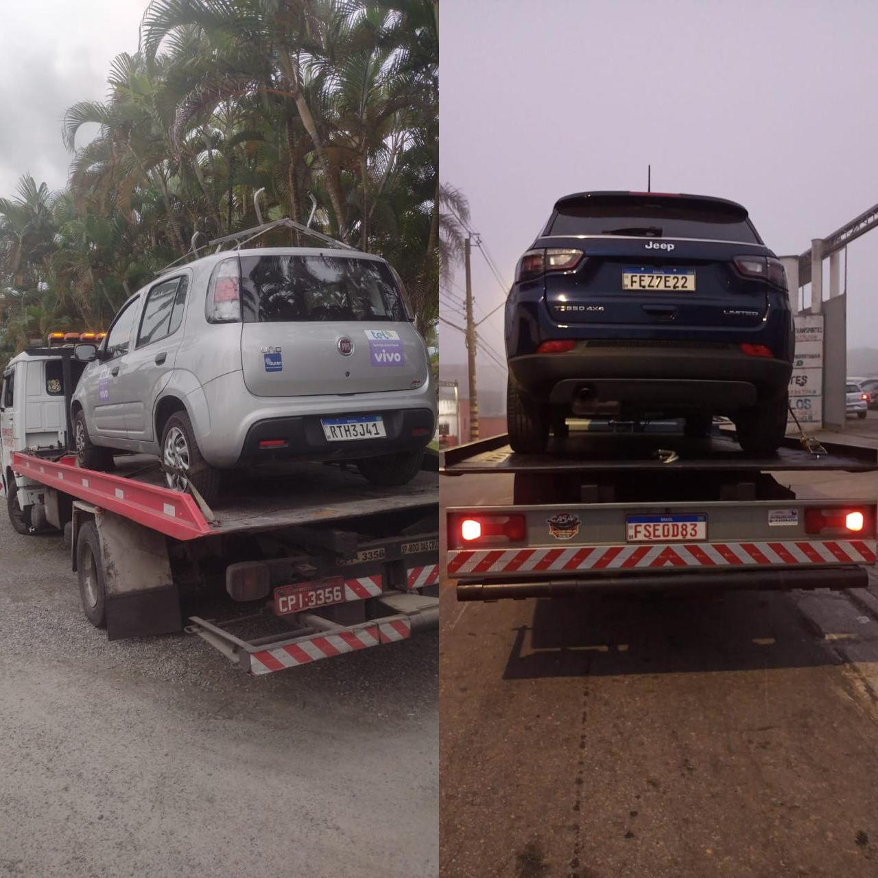 Caminhão-fazendo-serviço-de-reboque-carro-jeep-azul-e-fiat-cinza